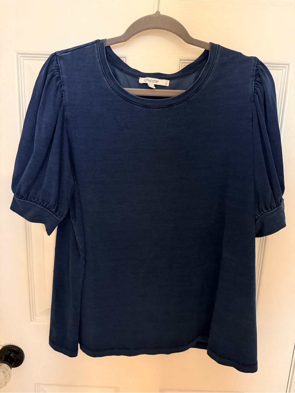 Chico's Navy Short Puff-Sleeve Crewneck Top